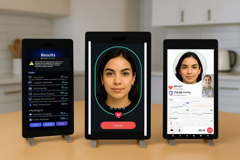 Tres equipos HoloCheck BioMirror sobre una mesa: resultados de la medición, escaneo facial en curso y consulta con un profesional