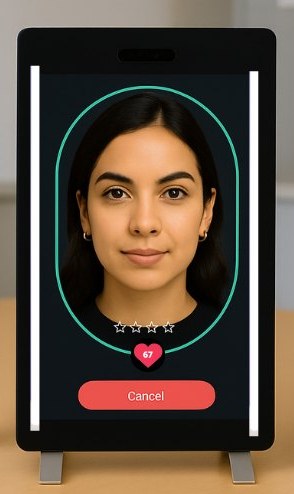 Escaneo facial en curso en la pantalla de HoloCheck BioMirror, con el rostro dentro de la guía y las barras de luz a los costados