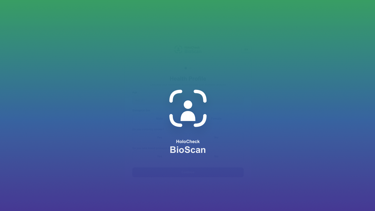 Pantalla de inicio de HoloCheck BioScan con el isotipo de escaneo facial sobre el degradado de marca