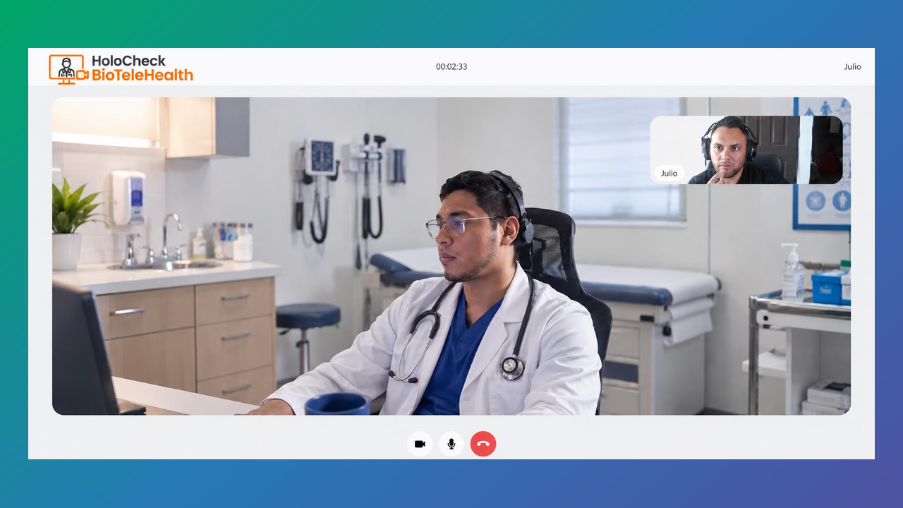 Vista de la videoconsulta en HoloCheck BioTeleHealth con el profesional de salud y el paciente en pantalla