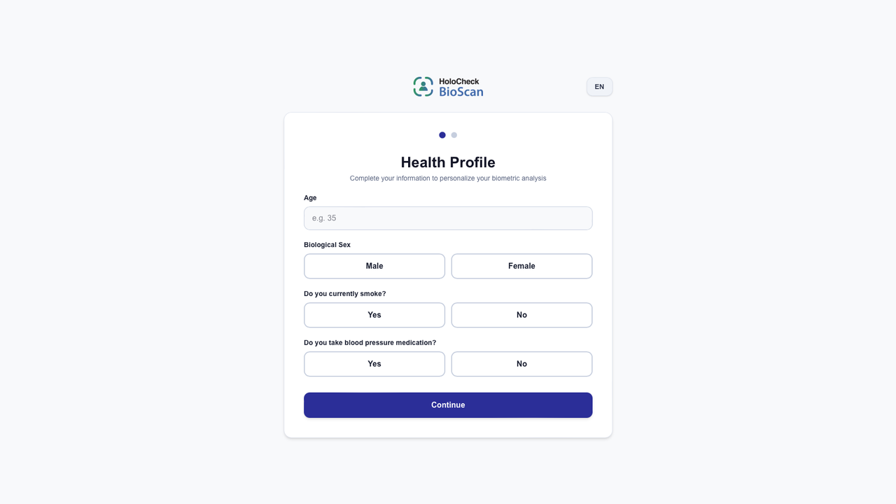 Formulario de perfil de salud de HoloCheck BioScan con edad, sexo biológico y hábitos