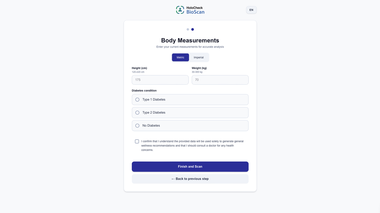 Formulario de medidas corporales de HoloCheck BioScan con estatura, peso y confirmación de uso con fines de bienestar